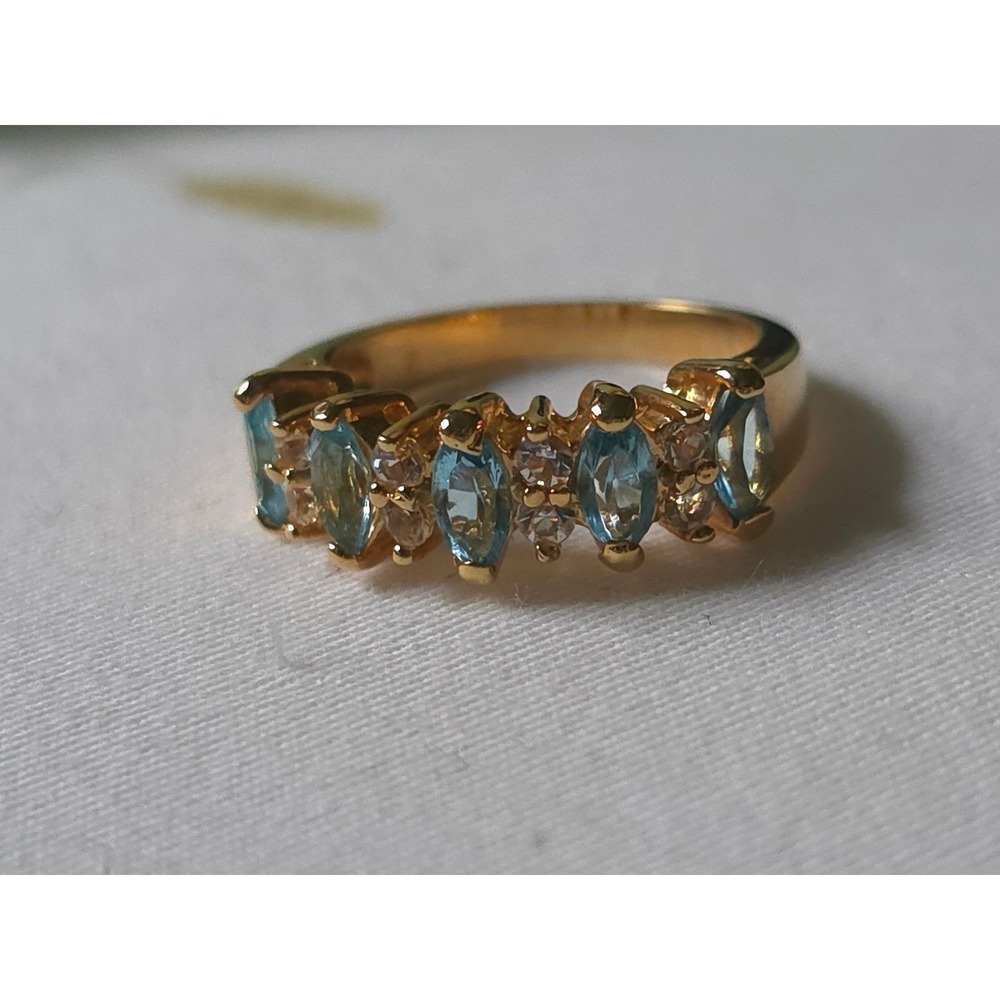Vintage Style Gold Plated Marquise Blue Stone Accent Ring Size 6 Topaz Band